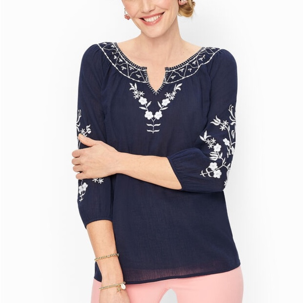 Talbots, navy and white embroidered blouse